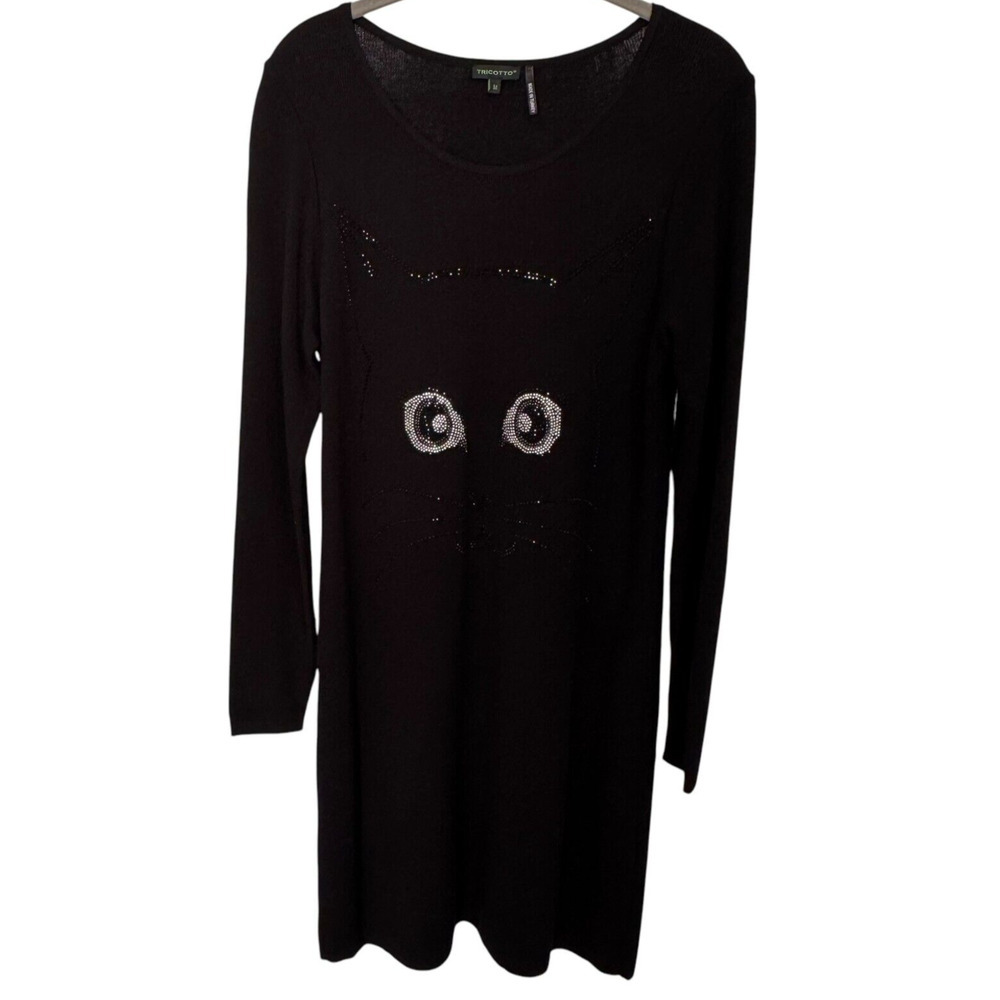 NWOT Tricotto Black Cat Rhinestone Sweater Dress Knee Length Sz Medium